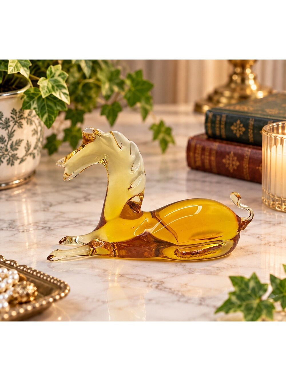 Vintage Rainbow Art Glass Reclining Horse Figurine Amber Clear MCM 5.25"